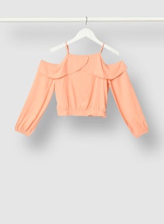 NEON Solid Pattern Cold Shoulder Woven Top Beige  - Image 2
