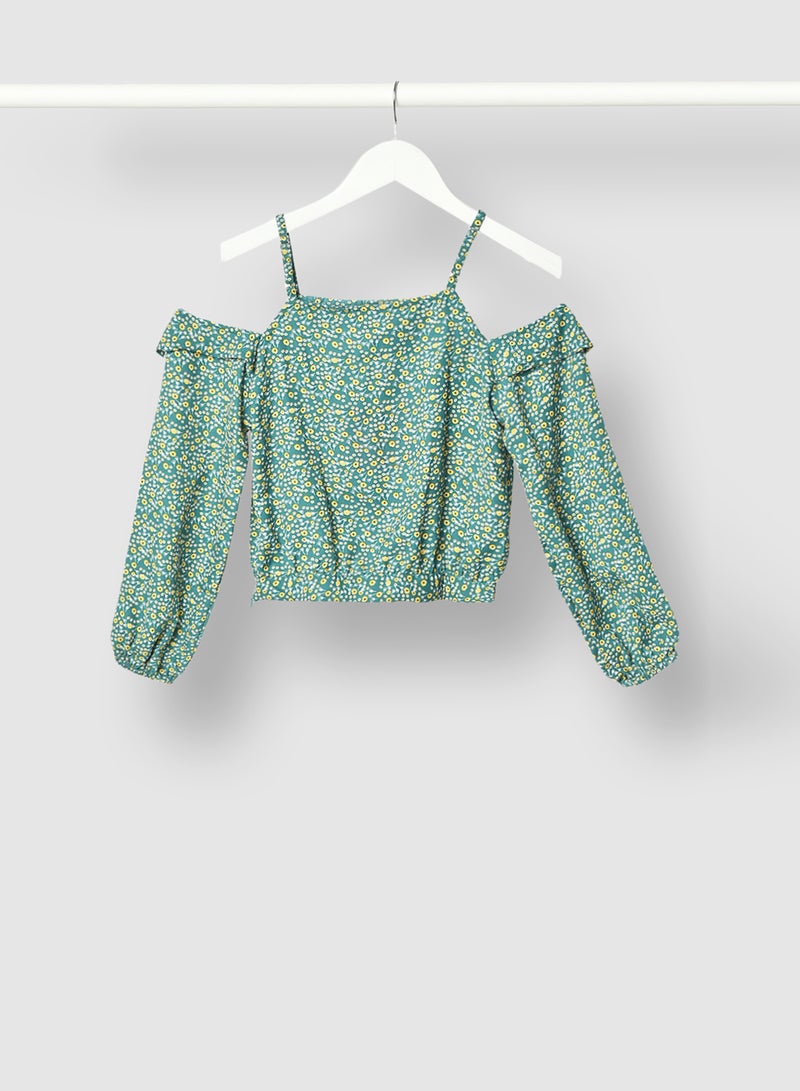 Neon Floral Printed Woven Top Green/Yellow  - Image 2