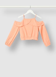 NEON Solid Pattern Cold Shoulder Woven Top Beige  - Image 1