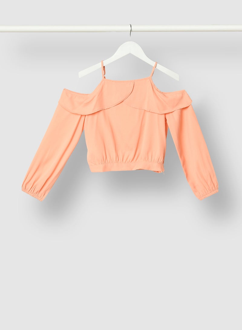 NEON - Solid Pattern Cold Shoulder Woven Top Beige - Image 1