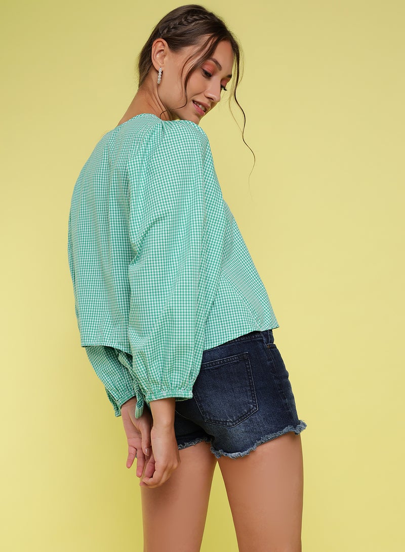 Aila - Round Neck Checkered Top Green/White - Image 1