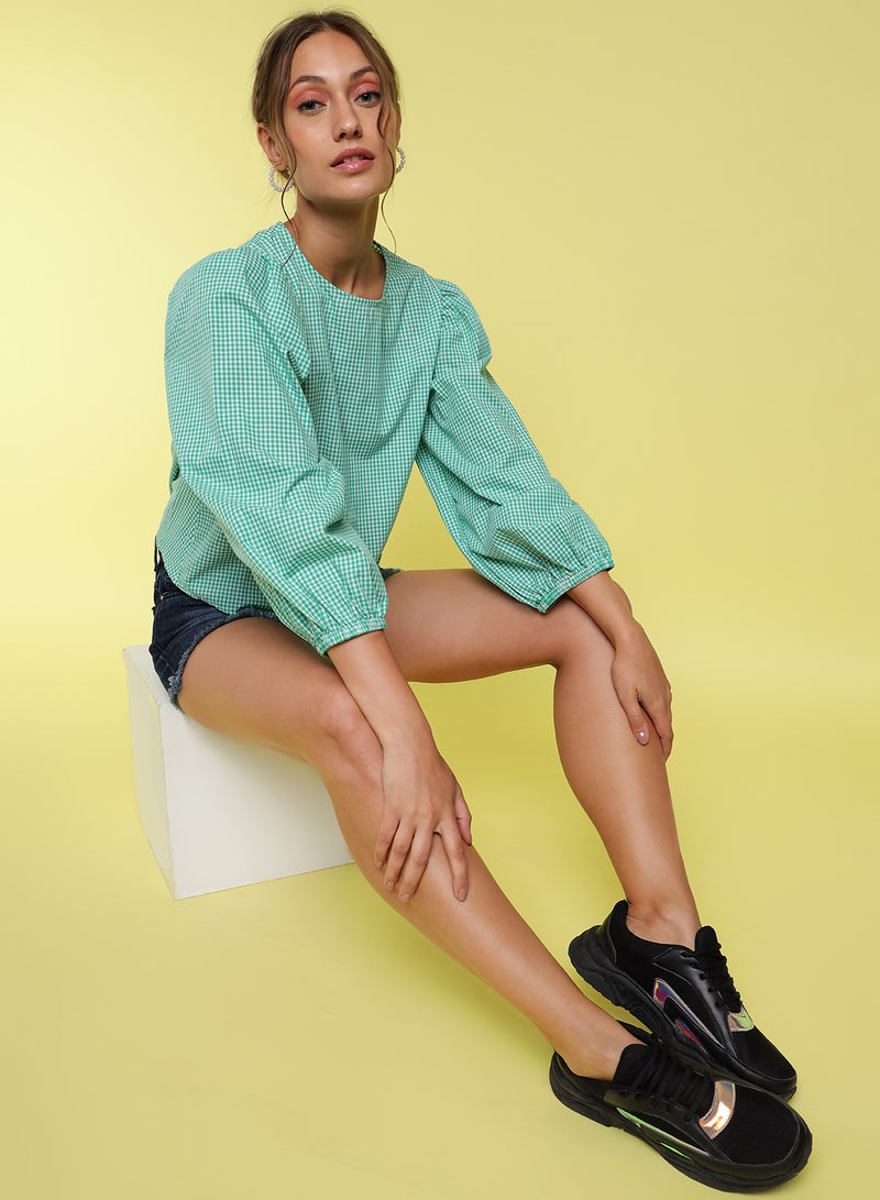 Aila - Round Neck Checkered Top Green/White - Image 1