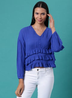 V-Neck Ruffle Detail Top Royal Blue