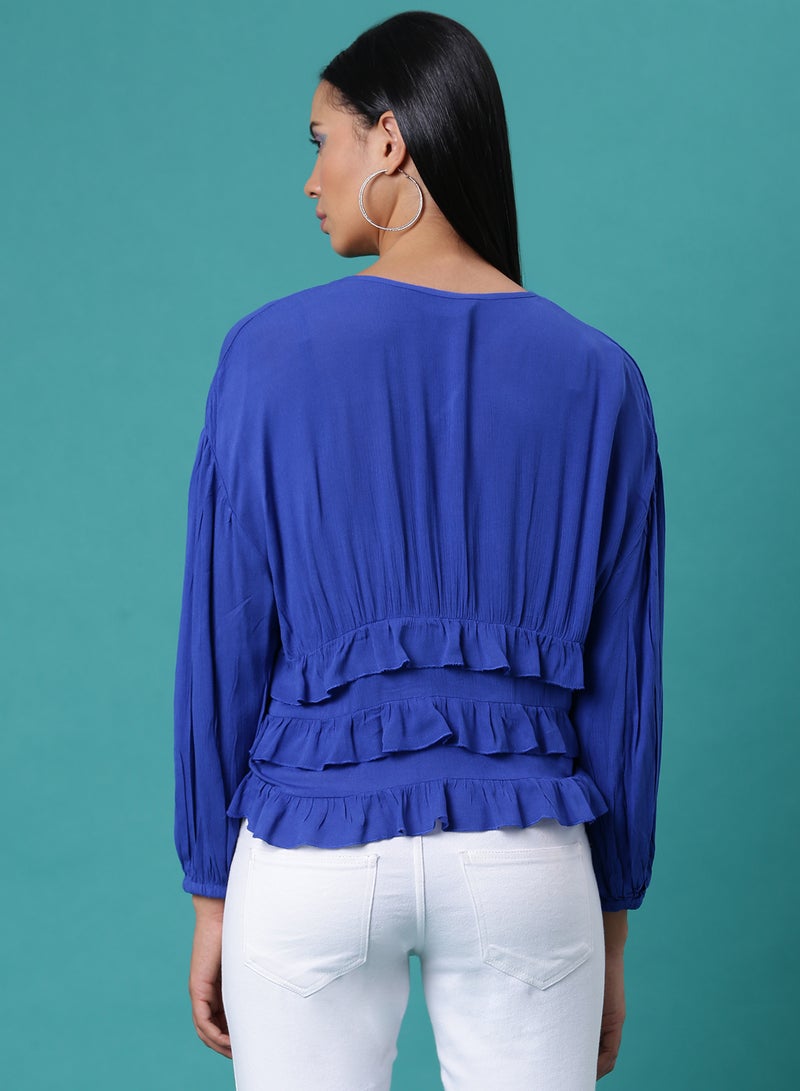 Aila - V-Neck Ruffle Detail Top Royal Blue - Image 1