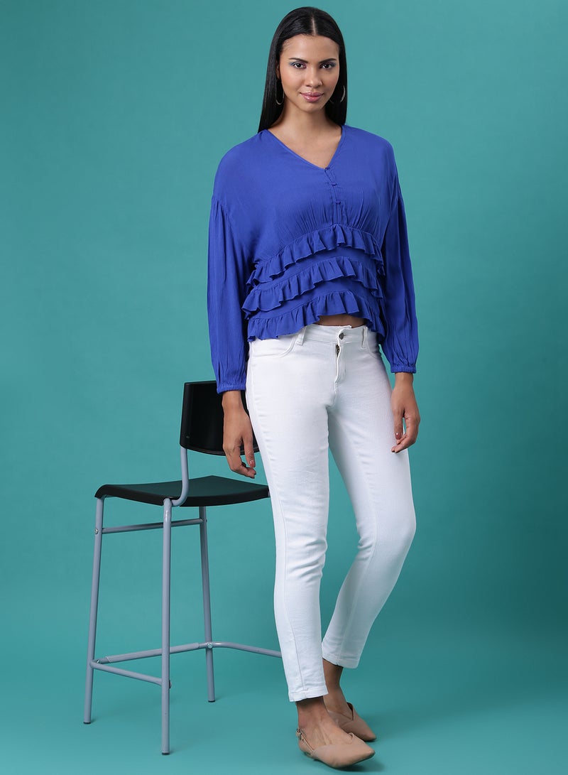 Aila - V-Neck Ruffle Detail Top Royal Blue - Image 1