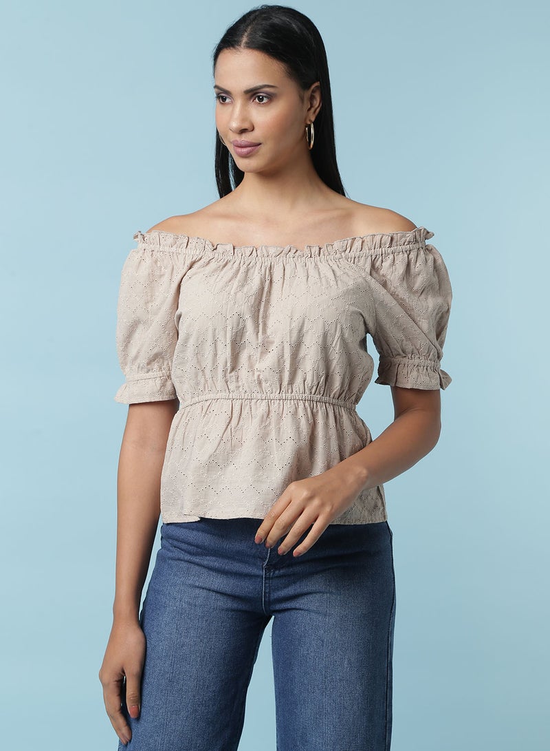 Aila Embroidered Detail Top Beige  - Image 1