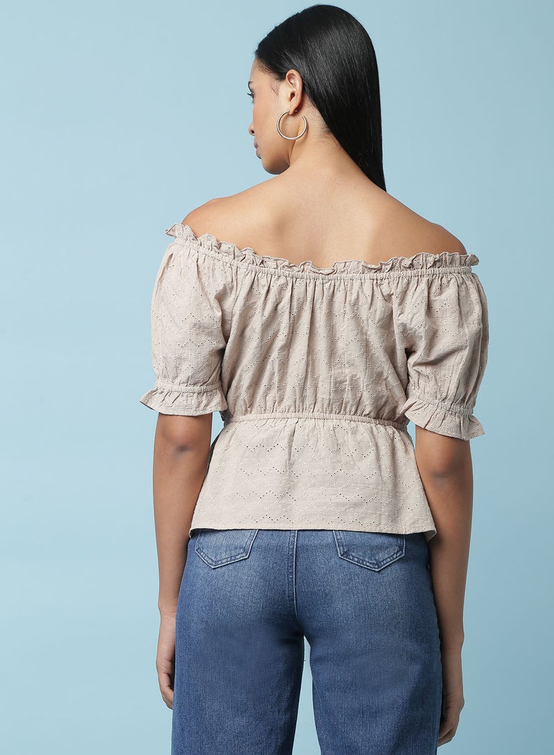 Aila Embroidered Detail Top Beige  - Image 2