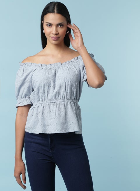 Peasant Neck Embroidered Top Light Blue