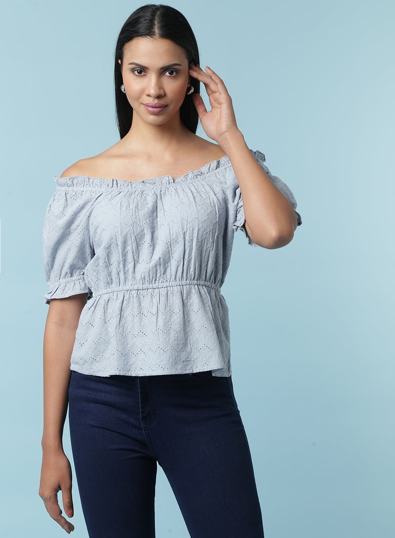 Peasant Neck Embroidered Top Light Blue