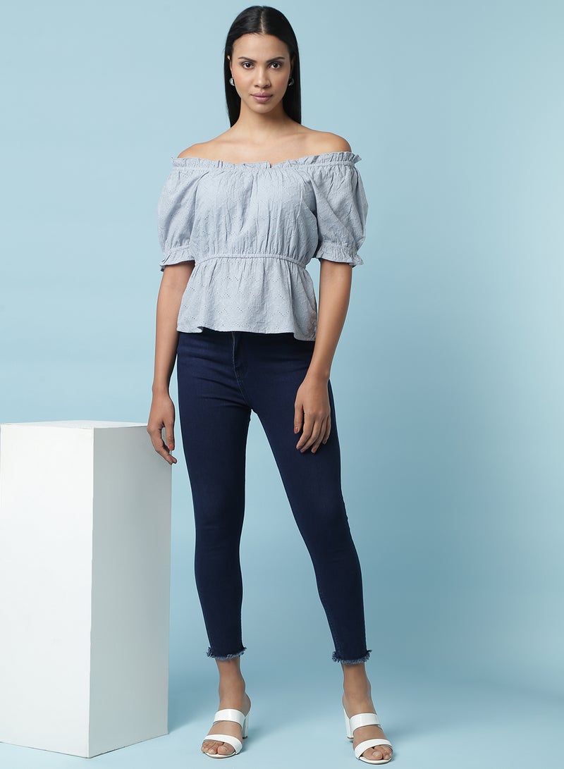Peasant Neck Embroidered Top Light Blue