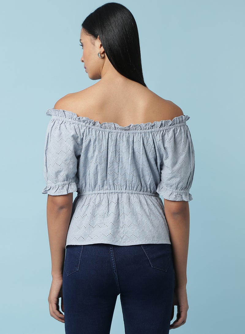 Peasant Neck Embroidered Top Light Blue