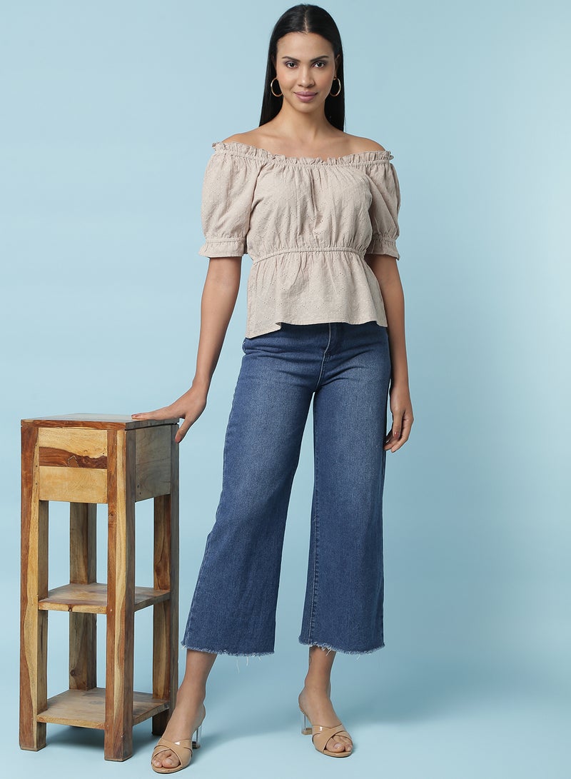 Aila Embroidered Detail Top Beige  - Image 3