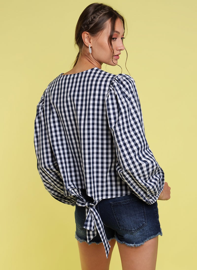 Aila - Round Neck Checkered Top Blue/White - Image 1