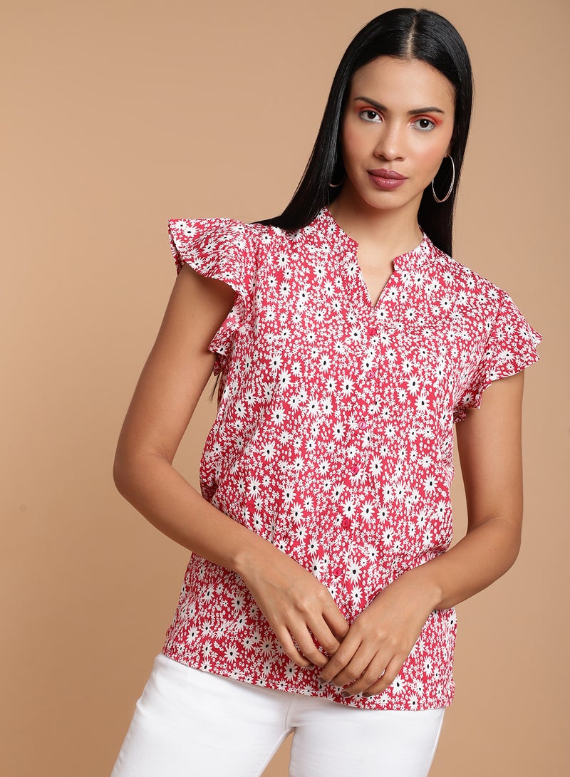 Aila Short Sleeve Crepe Top Pink/White  - Image 1