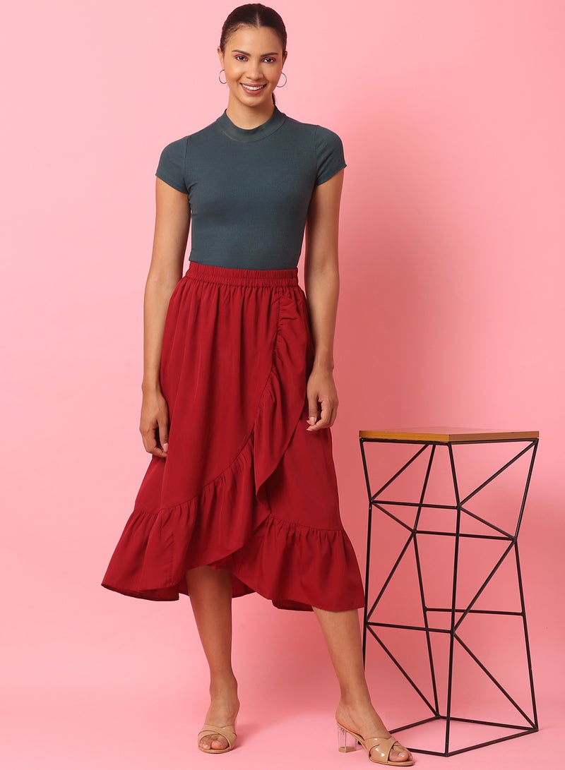 Aila Casual Midi Skirt Maroon - Image 3