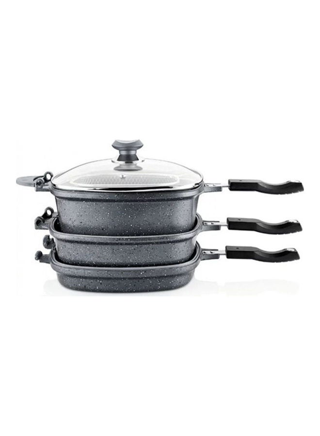 OMS - 7-Piece Multi Cooker Set Includes Square Deep Pan With Lid 26 cm, Square Grill Pan With Lid 26 cm, Fry Pan 26 cm, Round Fryer Basket With Lid And Handle 20 cm Granite - Image 1