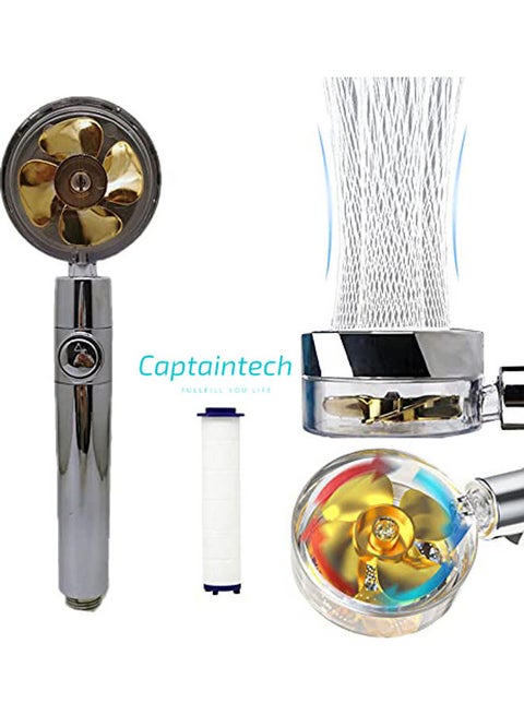Handheld Turbocharged Pressure Shower-Propeller Driven Turbo Charged Spinning Head with Filter and Pause Switch-Easy Install 366 Degrees Rotating Gold/Silver 10.23 x 1.5inch