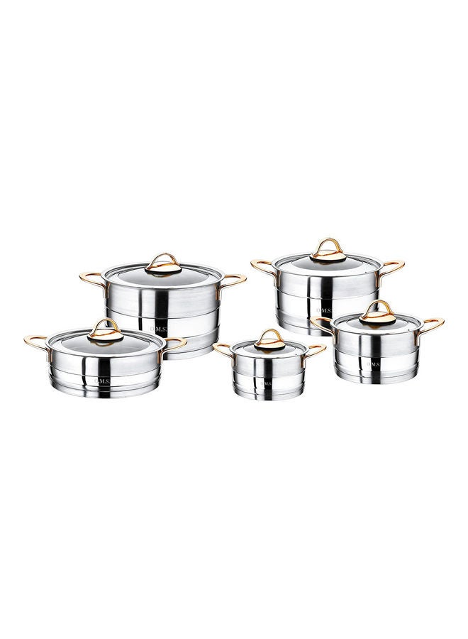 او ام اس طقم أواني طهي من الاستانلس ستيل بمقبض من النحاس وأغطية، مكون من كسرولة عميقة بغطاء مقاس 18 سم، كسرولة عميقة بغطاء مقاس 20 سم، كسرولة عميقة بغطاء مقاس 22 سم، كسرولة عميقة بغطاء مقاس 24 سم، كسرولة عميقة بغطاء مقاس 24 سم، كسرولة غير عميقة بغطاء مقاس 24 سم فضي - Image 1