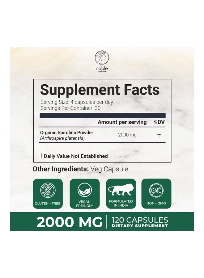 noble nature Organic Spirulina 2000 mg, Green Super Food - 120 Veg Capsules  - Image 2