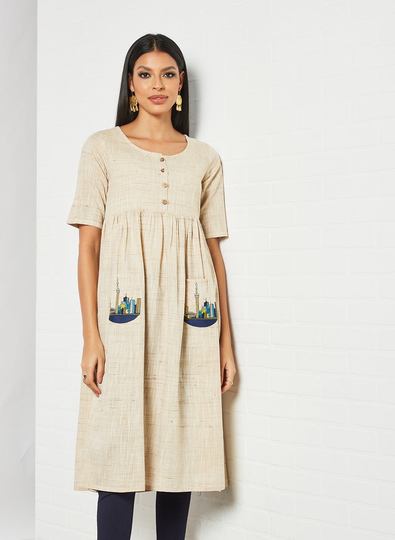 AKS - Printed Pocket Detailed Kurta Cream - Image 1