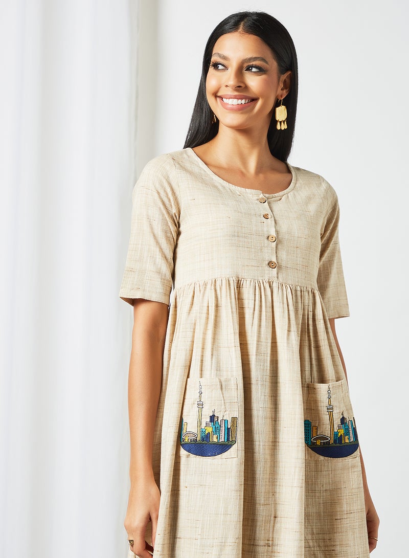 AKS - Printed Pocket Detailed Kurta Cream - Image 1