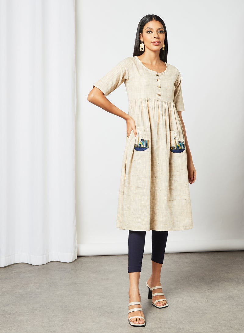 AKS - Printed Pocket Detailed Kurta Cream - Image 1