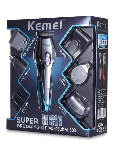 11-In-1 Rechargeable High Performance Super Grooming Kit KM-5031 Silver/Black/Blue