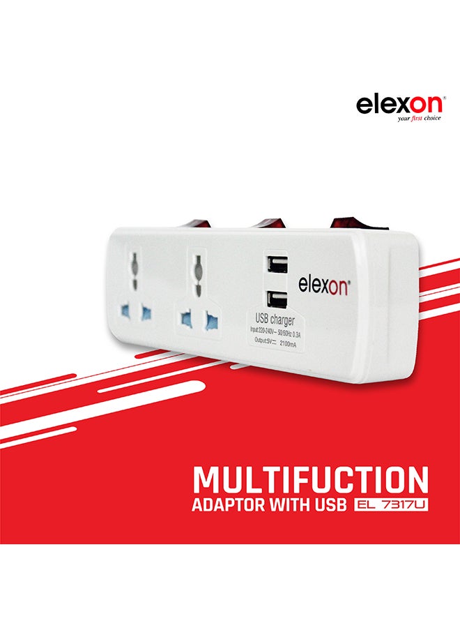 2-In-1 Socket And Two USB Port Adapter White