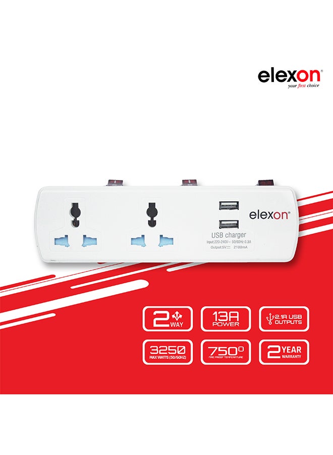 2-In-1 Socket And Two USB Port Adapter White