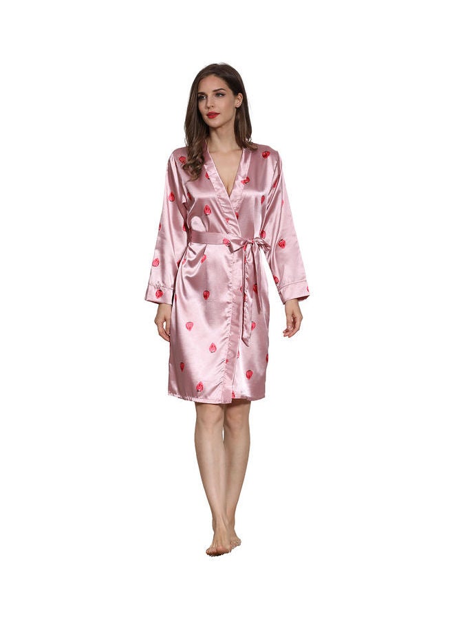 Silk Long-Sleeved Night Robe with Belt Pink  - Image 1