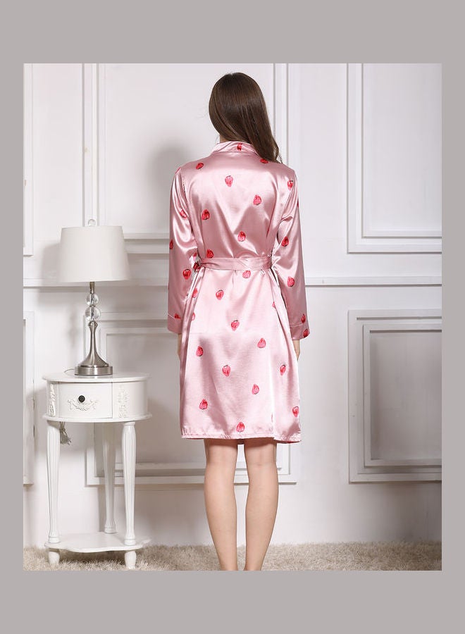 Silk Long-Sleeved Night Robe with Belt Pink  - Image 2
