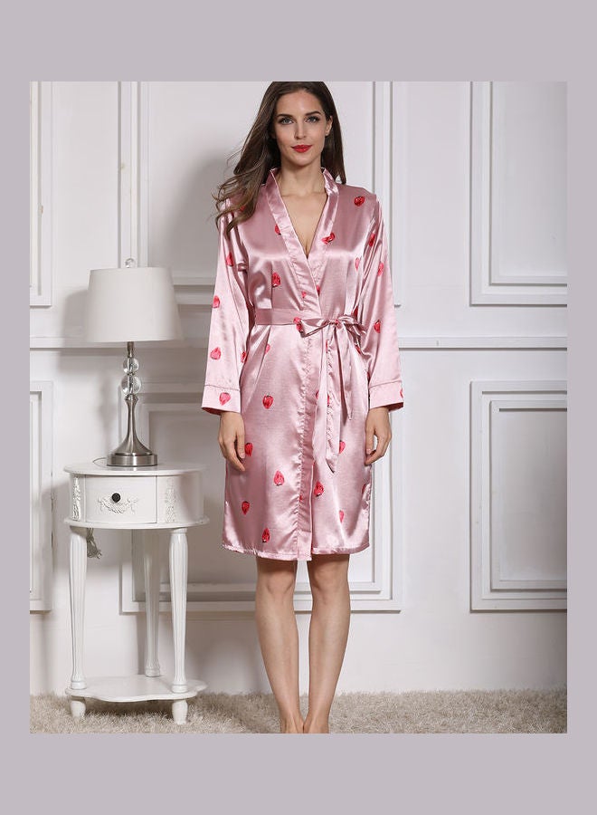 Silk Long-Sleeved Night Robe with Belt Pink  - Image 4