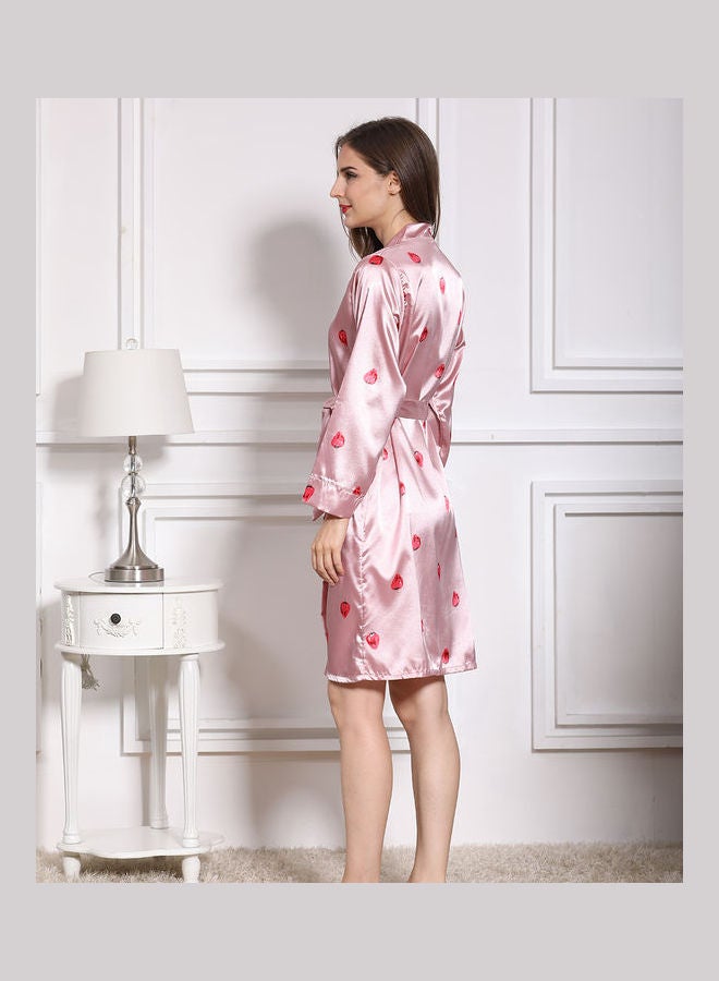 Silk Long-Sleeved Night Robe with Belt Pink  - Image 5