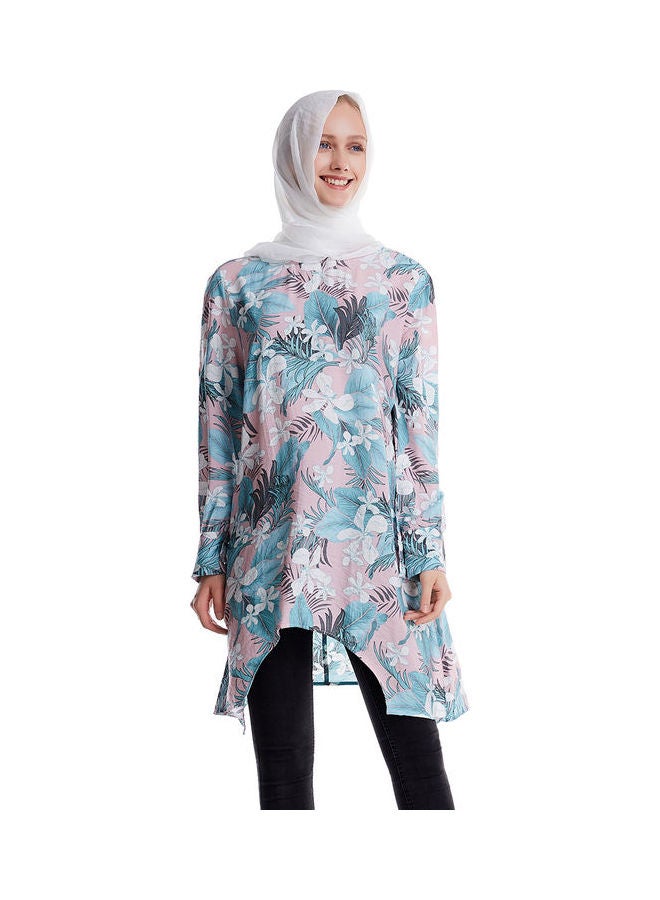 Hanyimidoo - 2-Piece Printed Muslim Long Sleeve Top and Pants Set Pink - Image 1