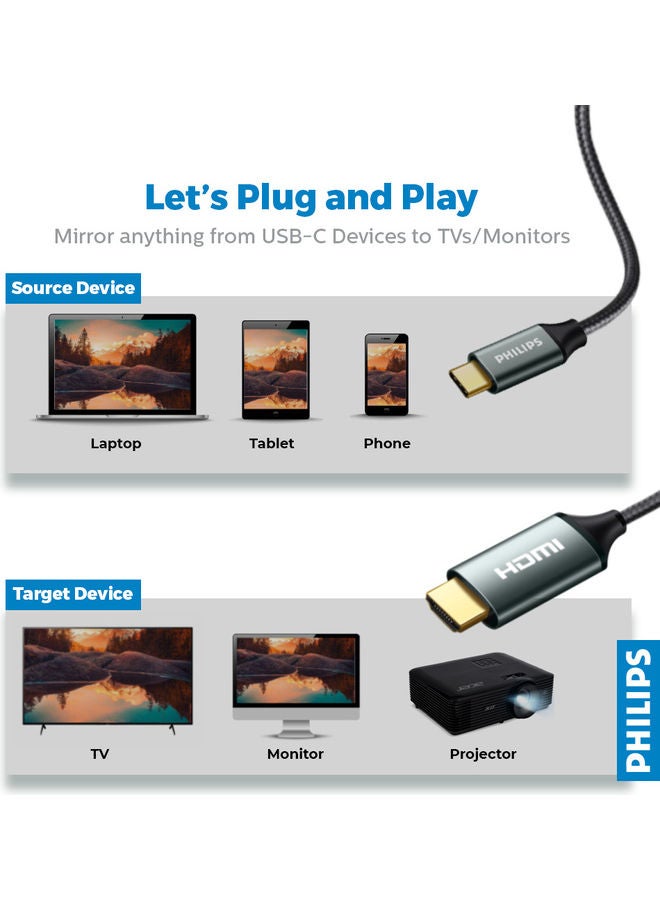 فيليبس - كابل من Type C إلى HDMI، يدعم 4K أسود - Image 1
