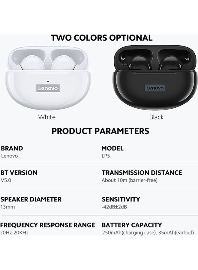 Lenovo LP5 Wireless BT5.0 s In-ear Sports Earbuds White  - Image 4