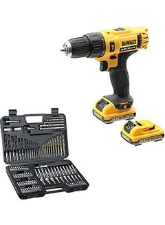 Cordless Hammer Drill, 10.8V, 10mm, 2 x 2 Ah Li-Ion Batteries + 109 Pieces Mixed Accessories Drilling & Driving Set DCD716D2EBIT-B5 Yellow/Black