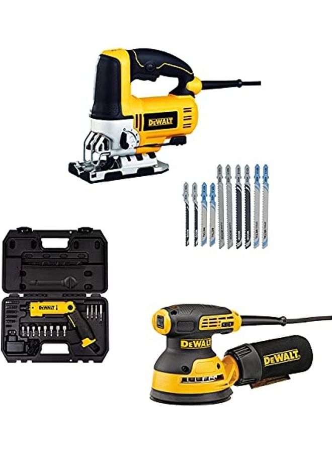 DEWALT - Pendulum Jigsaw, 650W, Variable Speed, 10 x Jigsaw Blades + Random Orbit Sander, 5 in, Variable Speed + Cordless Power Screwdriver, 8V, 45 Pieces Accessories in Kitbox - DWE349WO-B5 Yellow/Black - Image 1