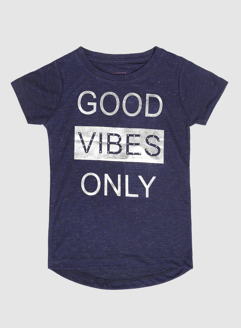 Neon Girls Crew Neck Short Sleeve T-Shirt Navy Blue/White  - Image 1