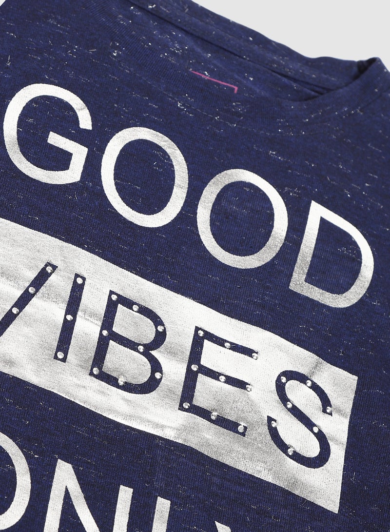Neon Girls Crew Neck Short Sleeve T-Shirt Navy Blue/White  - Image 3