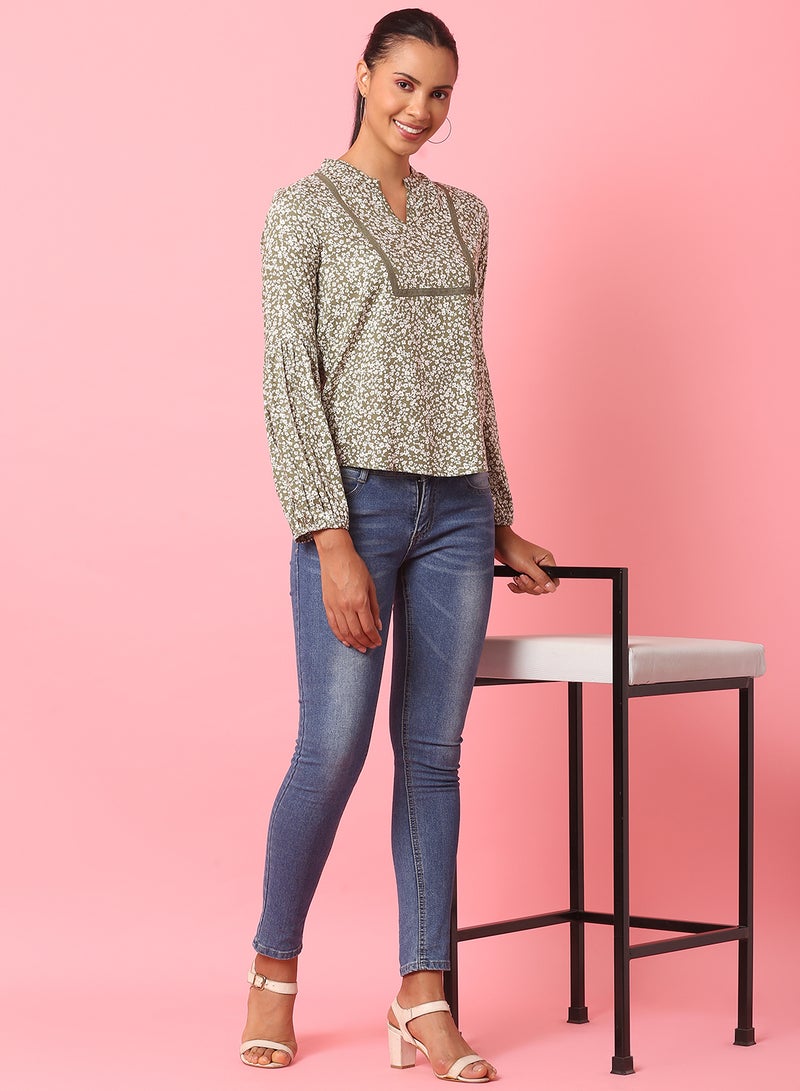 Aila Printed Casual Top Olive multicolor - Image 3