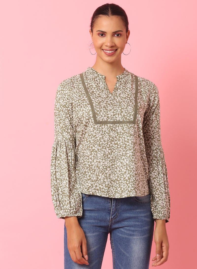 Aila Printed Casual Top Olive multicolor - Image 1