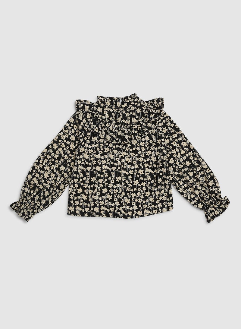 Neon Ruffle Detail Floral Top Black/Bright White  - Image 2