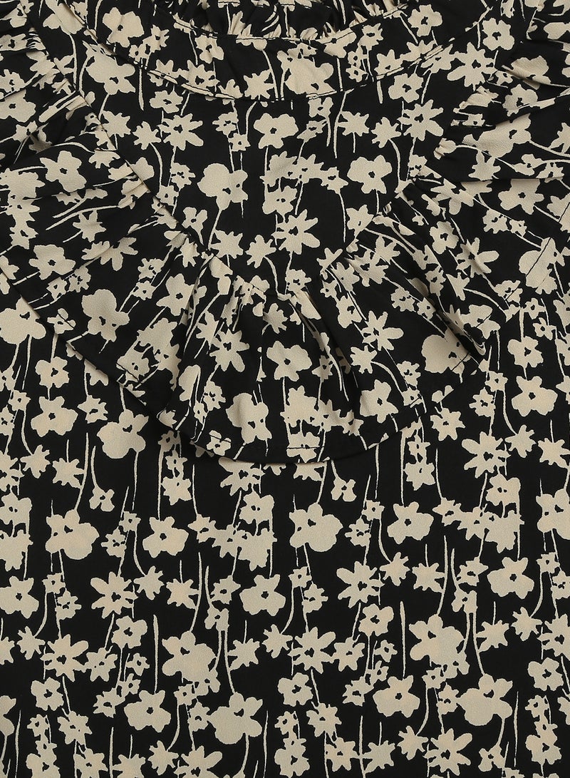 Neon Ruffle Detail Floral Top Black/Bright White  - Image 3