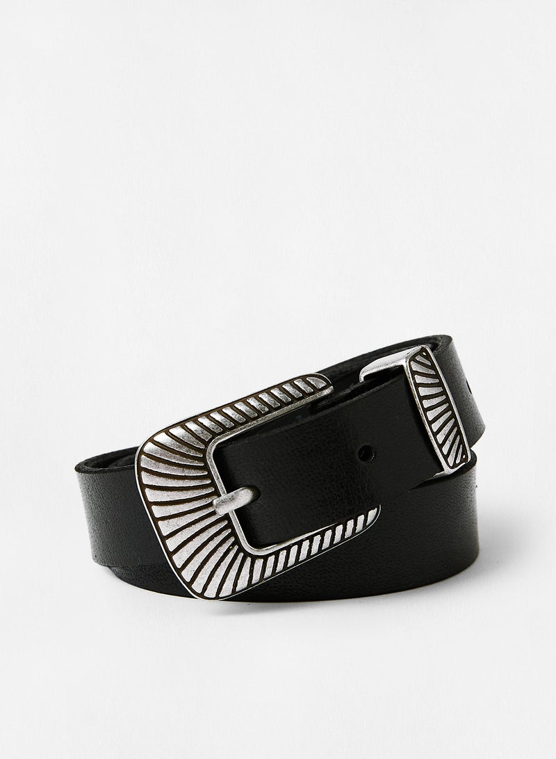 ONLY - Textured Buckle Leather Belt Black - Image 1