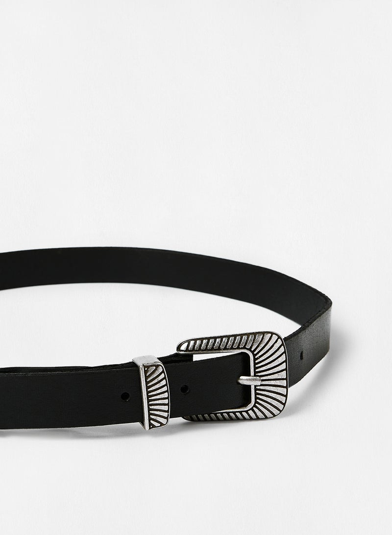 ONLY - Textured Buckle Leather Belt Black - Image 1