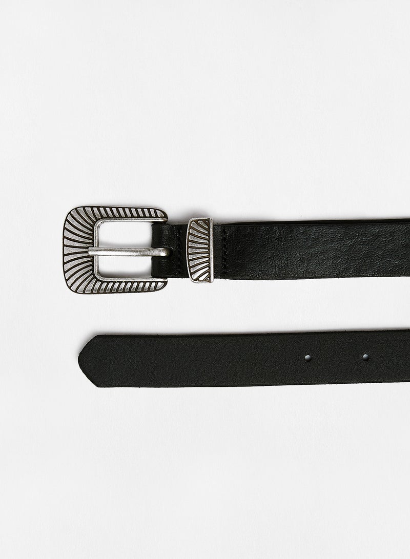 ONLY - Textured Buckle Leather Belt Black - Image 1