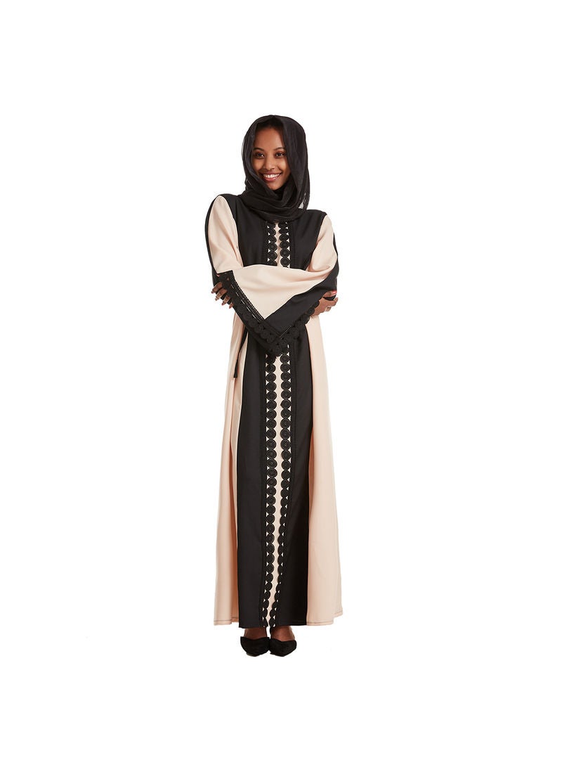Hanyimidoo - Round Neck Lace Embroidery Muslim Long Kaftan Khaki - Image 1
