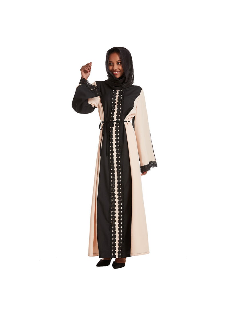 Hanyimidoo - Round Neck Lace Embroidery Muslim Long Kaftan Khaki - Image 1
