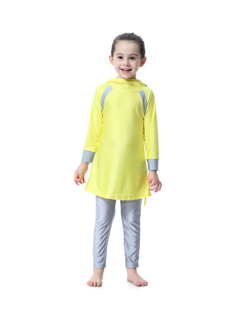 هانيميدو بدلة سباحة بأكمام طويلة وغطاء للرأس للحماية من الشمس بتصميم متحفظ للمسلمين أصفر - Image 1